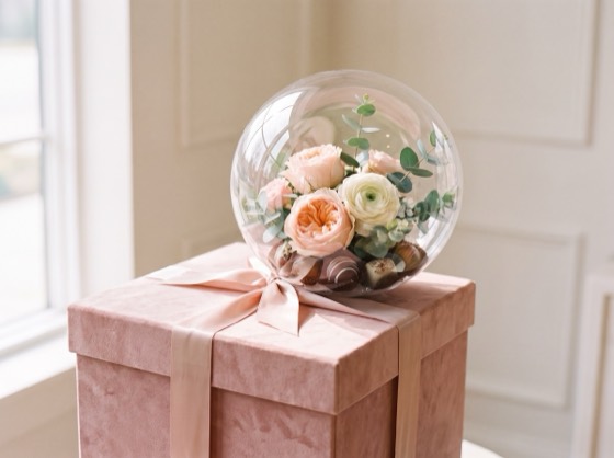 Caja de regalo con un globo burbuja, flores naturales y chocolates