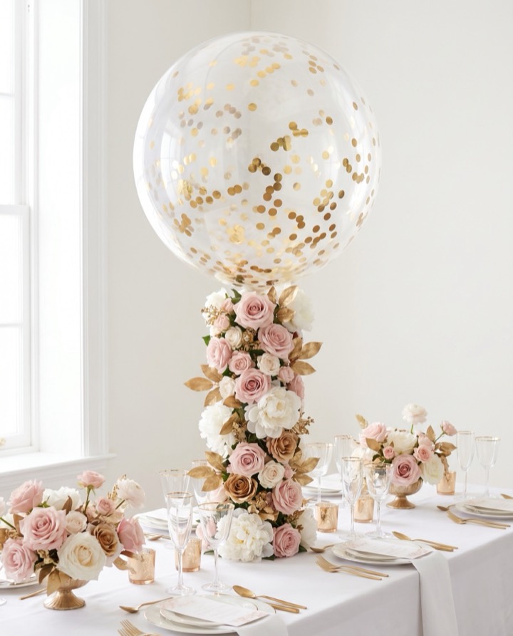 Globo burbuja grande transparente con confeti dorado en el interior decorando una boda elegante en tonos blanco y dorado