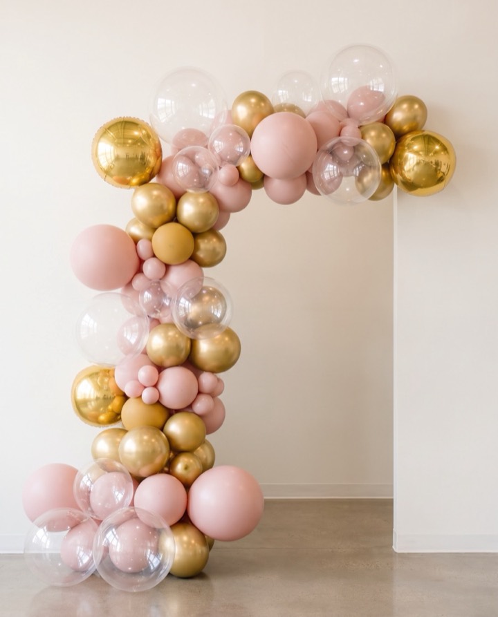 Arco decorativo de globos burbuja transparentes y globos rosados para fiesta de quince años