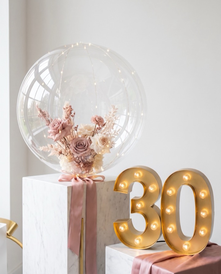 Globo burbuja con luz LED y flores junto a número iluminado para decoración de cumpleaños