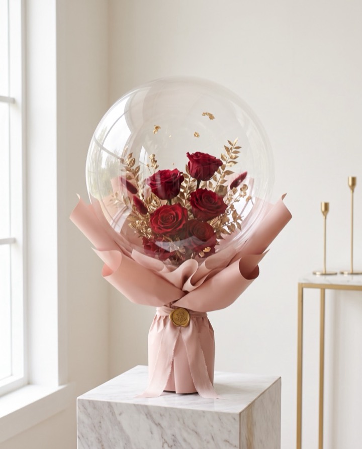 Bouquet de globo burbuja con flores rojas preservadas para San Valentín