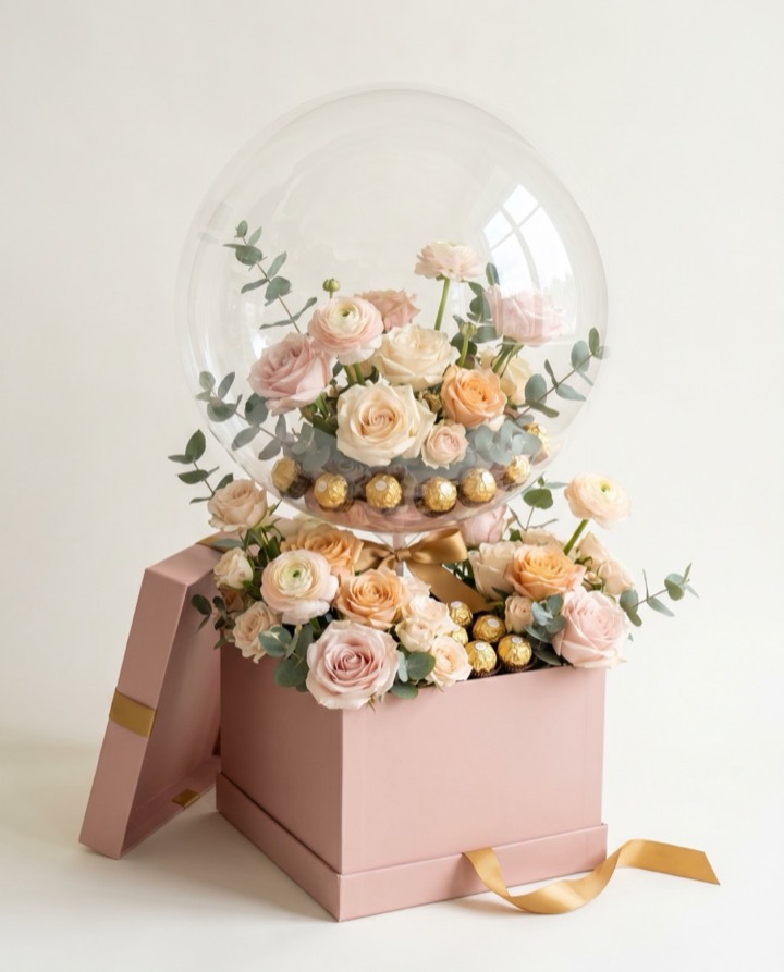 Caja de regalo con globo burbuja, flores naturales y chocolates para Día de las Madres