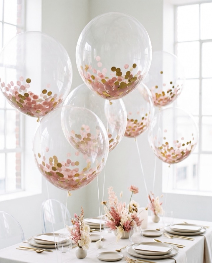 Globos burbuja con confeti en los colores de una empresa para evento corporativo
