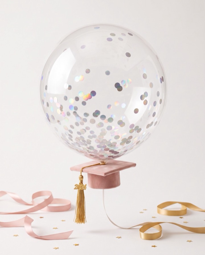 Globo burbuja con confeti holográfico y birrete para graduación