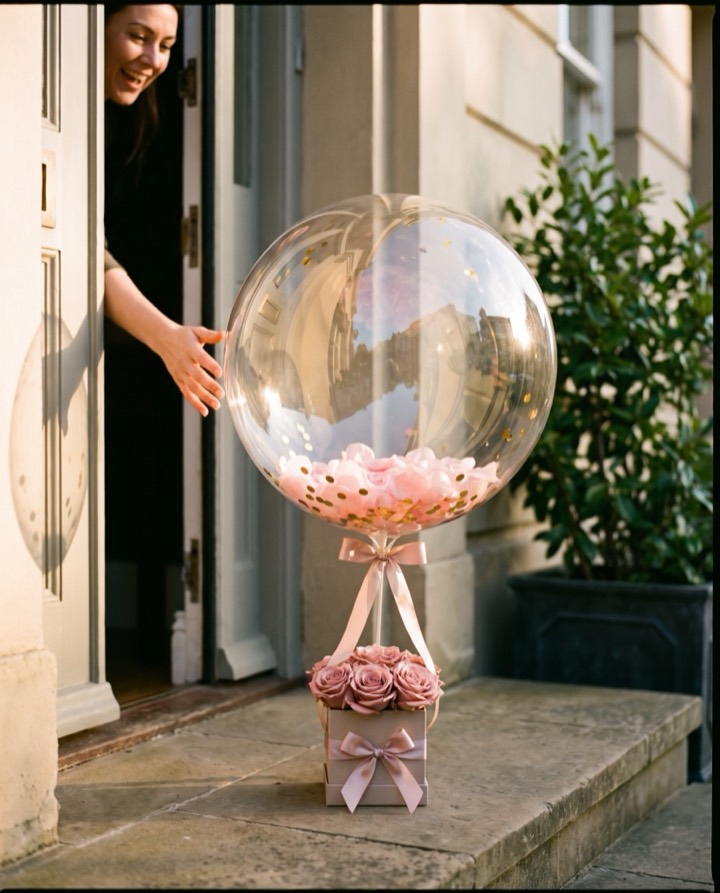 Entrega a domicilio de un globo burbuja con flores en la puerta de una casa