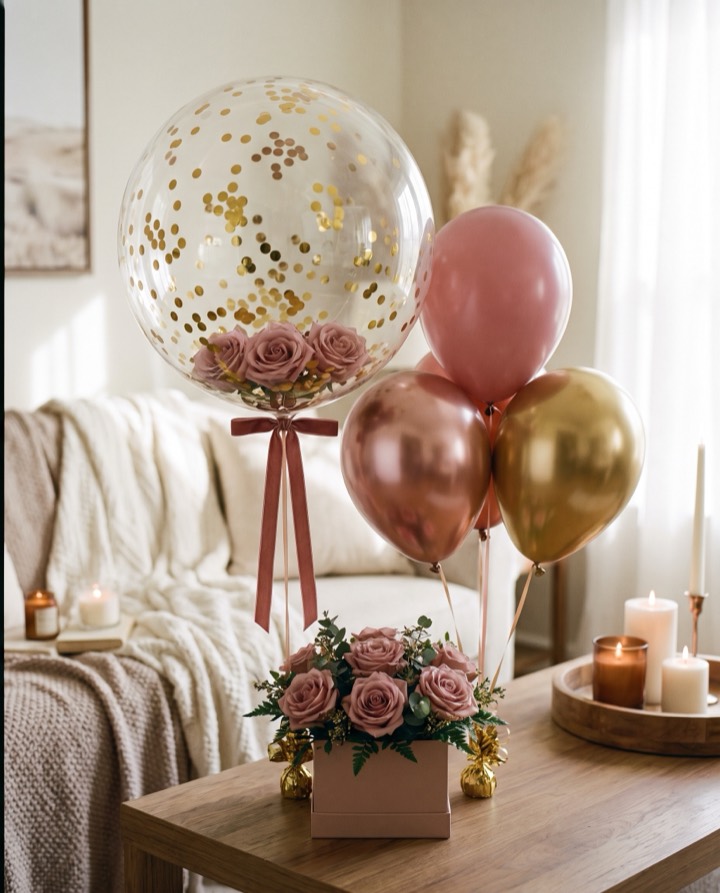 Globo burbuja con confeti, rosas y globos coordinados como regalo de San Valentín