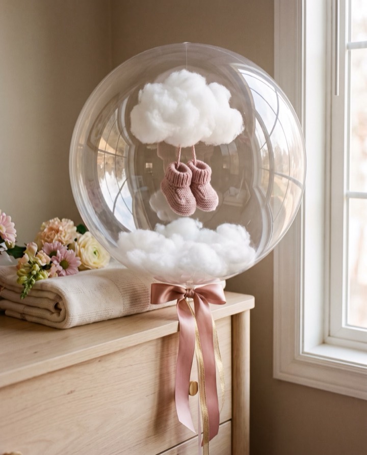 Globo burbuja con nube de algodón y zapatitos de bebé para un baby shower en casa