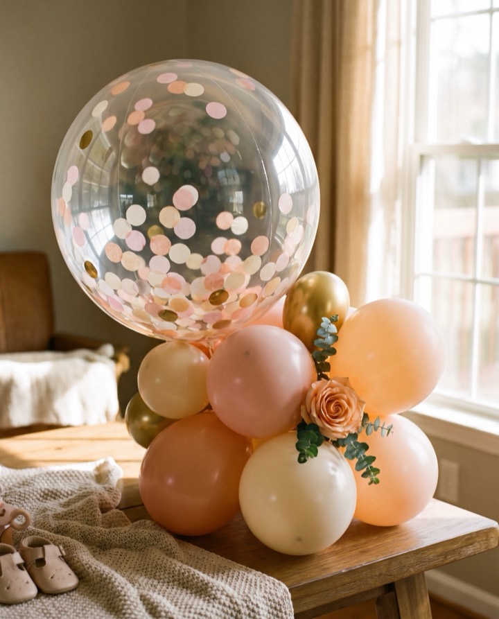 Globo burbuja con confeti pastel, globos coordinados y una flor para baby shower