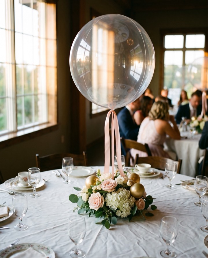 Bouquet de globo burbuja transparente con flores como centro de mesa en una boda elegante