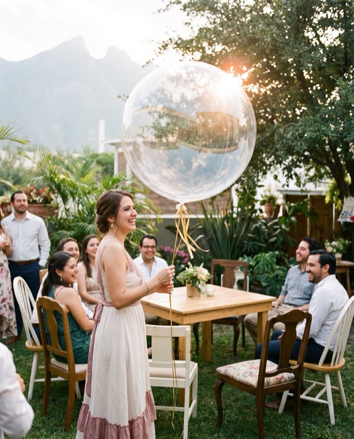 Globo burbuja sostenido al aire libre en una boda civil de jardín en Monterrey