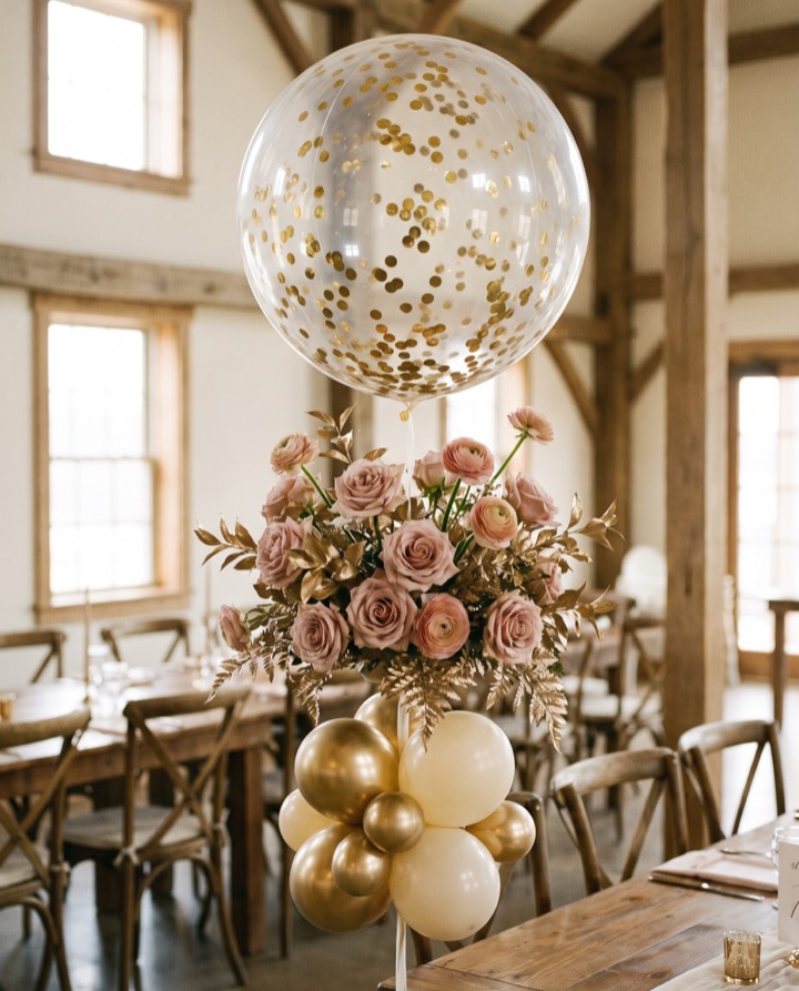 Globo burbuja con confeti dorado, flores y globos coordinados como centro de mesa de una boda