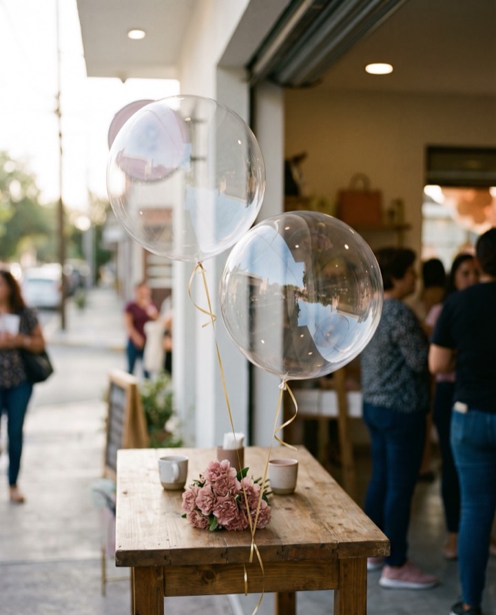 Globos burbuja elegantes en la inauguración de una boutique o cafetería en Monterrey