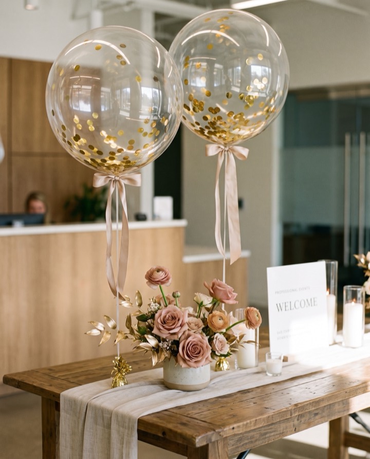 Globos burbuja con confeti y un arreglo de flores como decoración de recepción corporativa