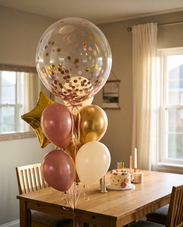 Bouquet de globo burbuja con confeti junto a un pastel de cumpleaños en casa