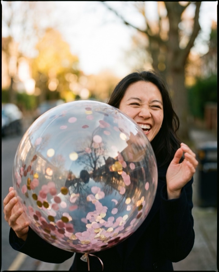 Persona feliz sosteniendo un globo burbuja de cumpleaños al aire libre