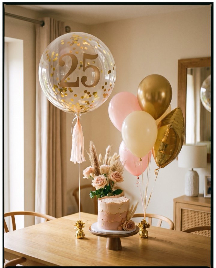 Globo burbuja con confeti, número y globos coordinados junto a un pastel de cumpleaños