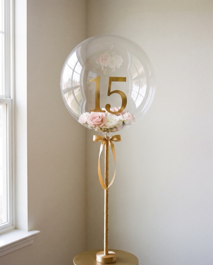 Globo burbuja con el número 15 dorado y flores para una fiesta de quince años