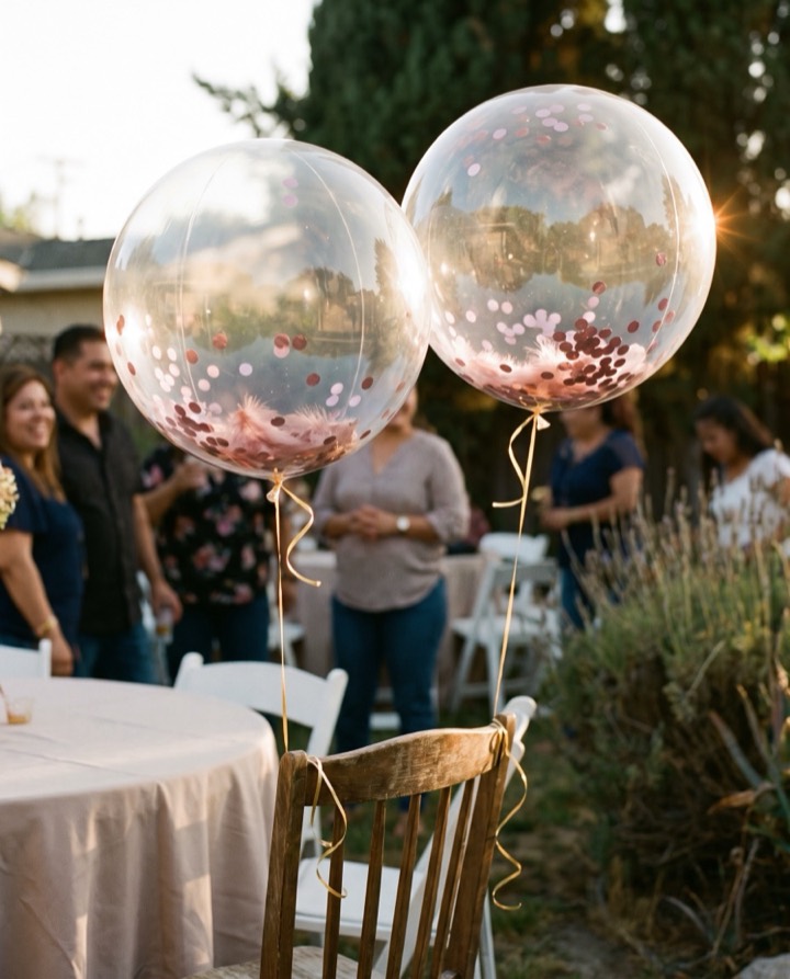 Globos burbuja con confeti y plumas rosa en un festejo de XV años en casa