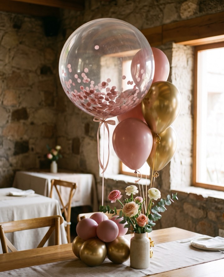 Globo burbuja con confeti rosa y globos coordinados como decoración de XV años