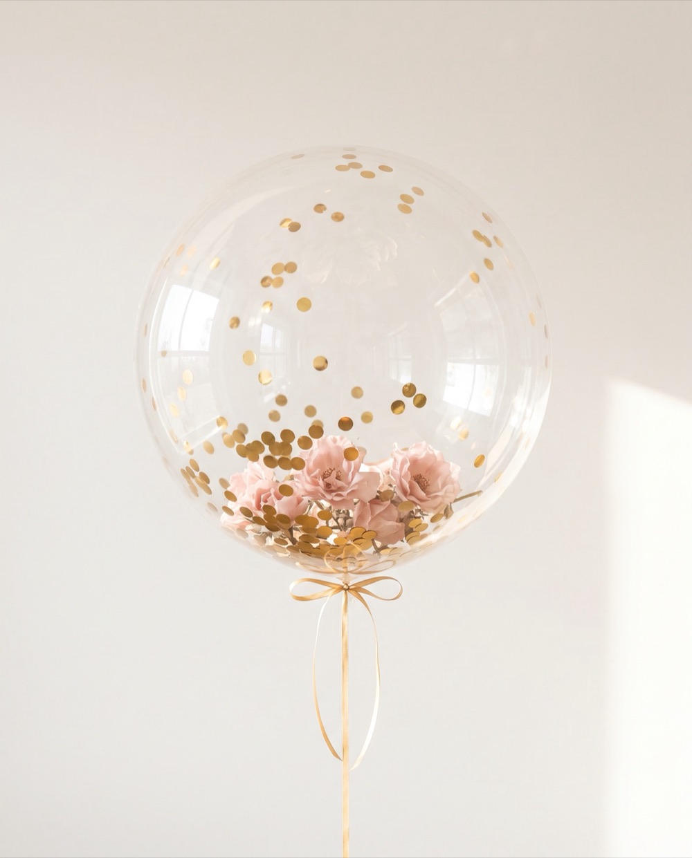 Globo burbuja transparente de 24 pulgadas con confeti dorado y flores rosa empolvado, atado con un listón dorado, sobre fondo claro con luz cálida