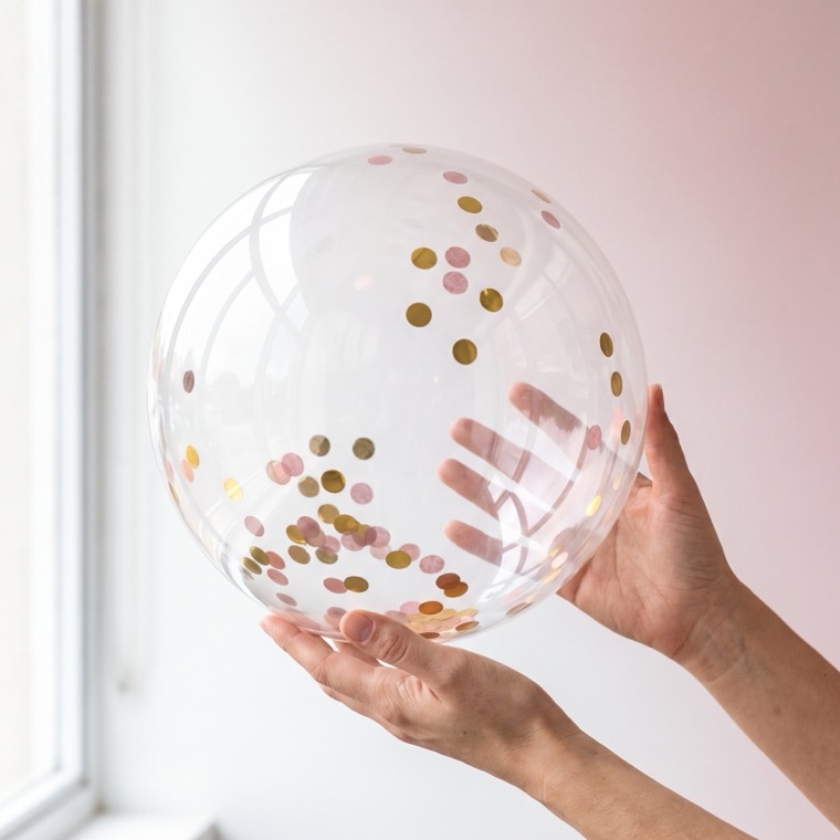 Dos manos sosteniendo un globo burbuja transparente y cristalino con confeti dorado en su interior